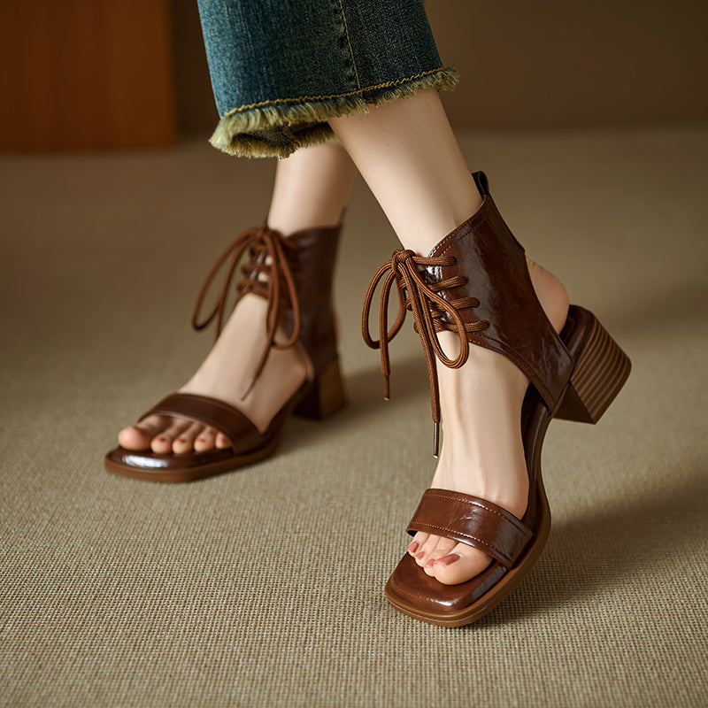 Women's Gladiator Style Leather Vintage Open Toe High Top Lace Up Sandals