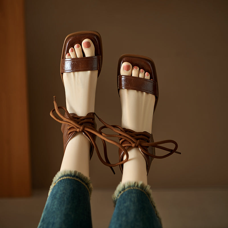 Women's Gladiator Style Leather Vintage Open Toe High Top Lace Up Sandals