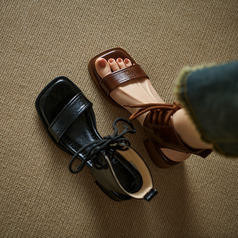 Women's Gladiator Style Leather Vintage Open Toe High Top Lace Up Sandals