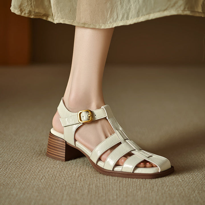 Women's Handmade Leather Thickened Insole Block Heel Fisherman Sandals