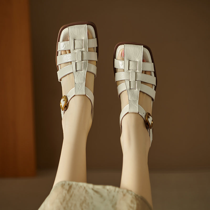 Women's Handmade Leather Thickened Insole Block Heel Fisherman Sandals