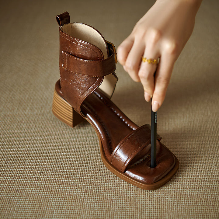 Women's Handmade Leather Block Heel Open Toe High Top Sandals