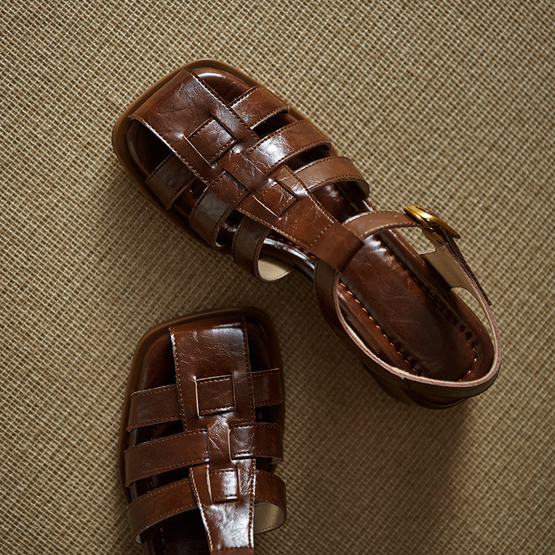Women's Handmade Leather Thickened Insole Block Heel Fisherman Sandals