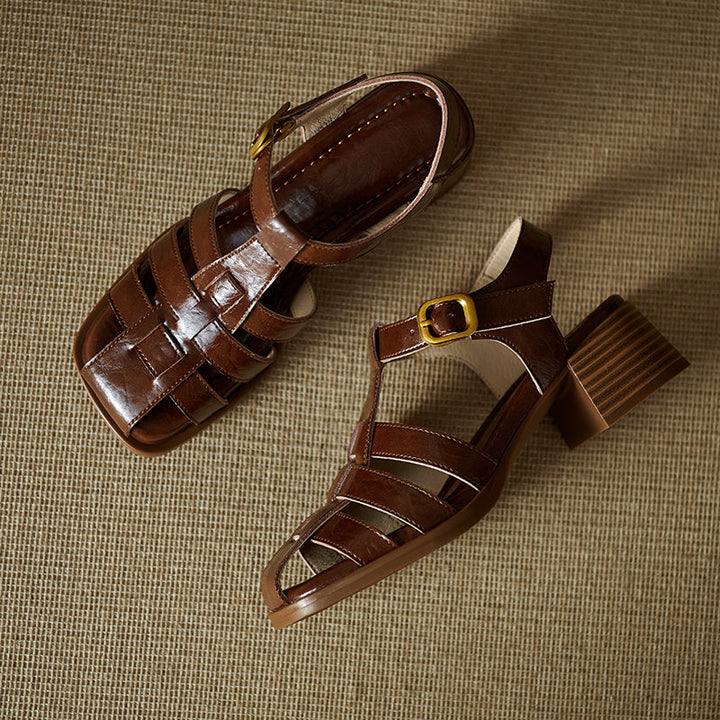 Women's Handmade Leather Thickened Insole Block Heel Fisherman Sandals