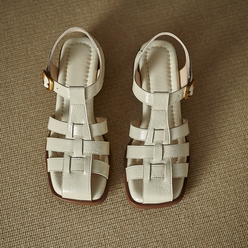 Women's Handmade Leather Thickened Insole Block Heel Fisherman Sandals