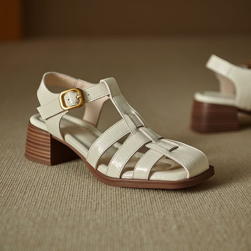Women's Handmade Leather Thickened Insole Block Heel Fisherman Sandals