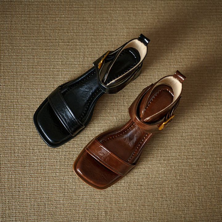 Women's Handmade Leather Block Heel Open Toe High Top Sandals