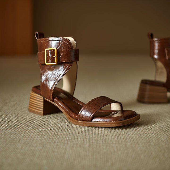Women's Handmade Leather Block Heel Open Toe High Top Sandals