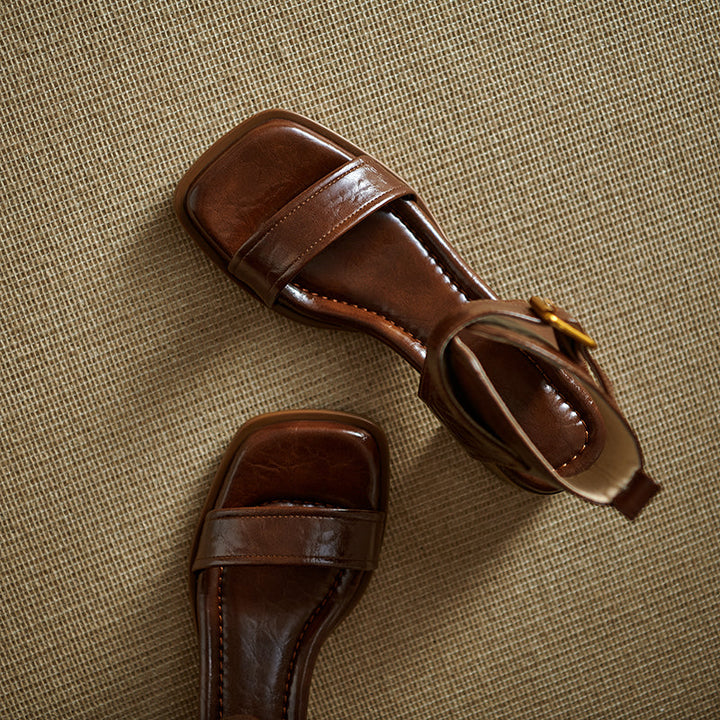 Women's Handmade Leather Block Heel Open Toe High Top Sandals
