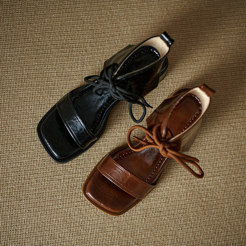 Women's Gladiator Style Leather Vintage Open Toe High Top Lace Up Sandals