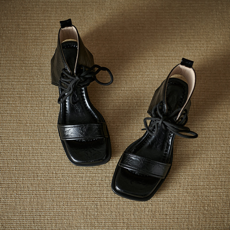 Women's Gladiator Style Leather Vintage Open Toe High Top Lace Up Sandals