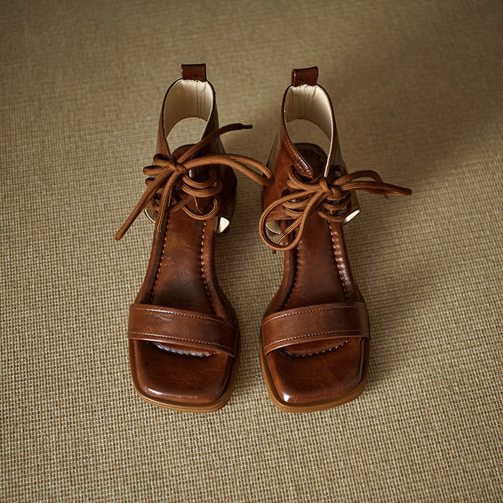 Women's Gladiator Style Leather Vintage Open Toe High Top Lace Up Sandals