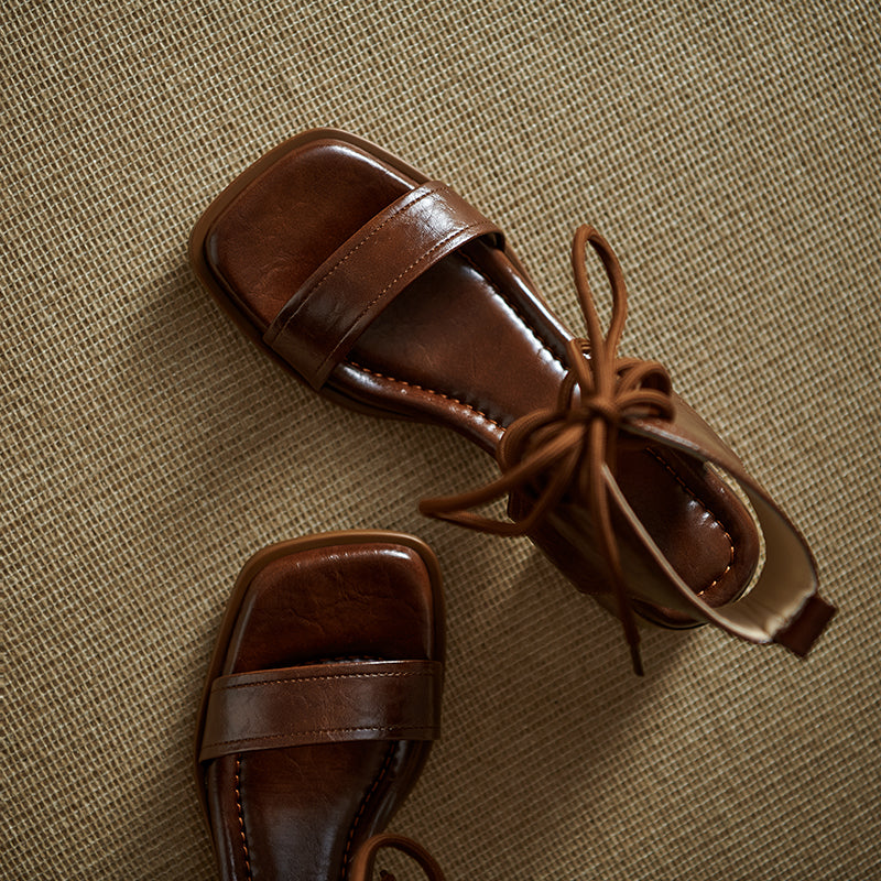 Women's Gladiator Style Leather Vintage Open Toe High Top Lace Up Sandals