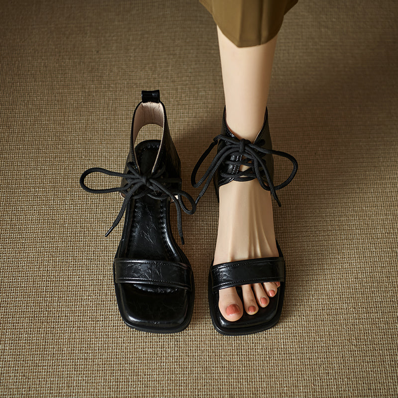 Women's Gladiator Style Leather Vintage Open Toe High Top Lace Up Sandals