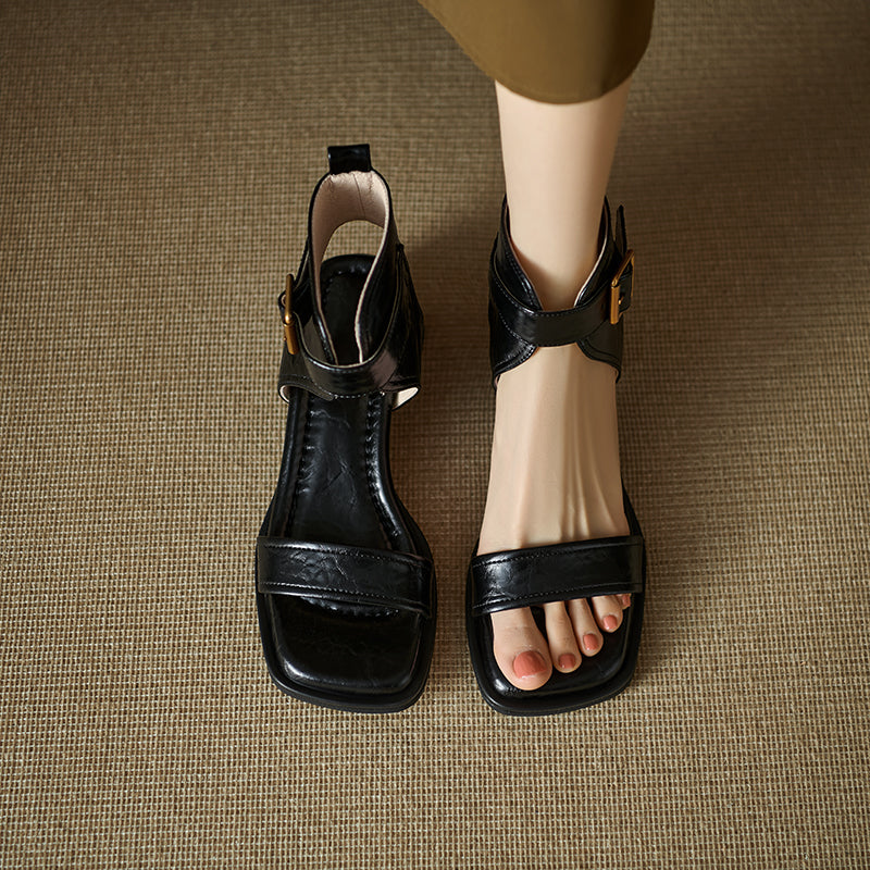Women's Handmade Leather Block Heel Open Toe High Top Sandals