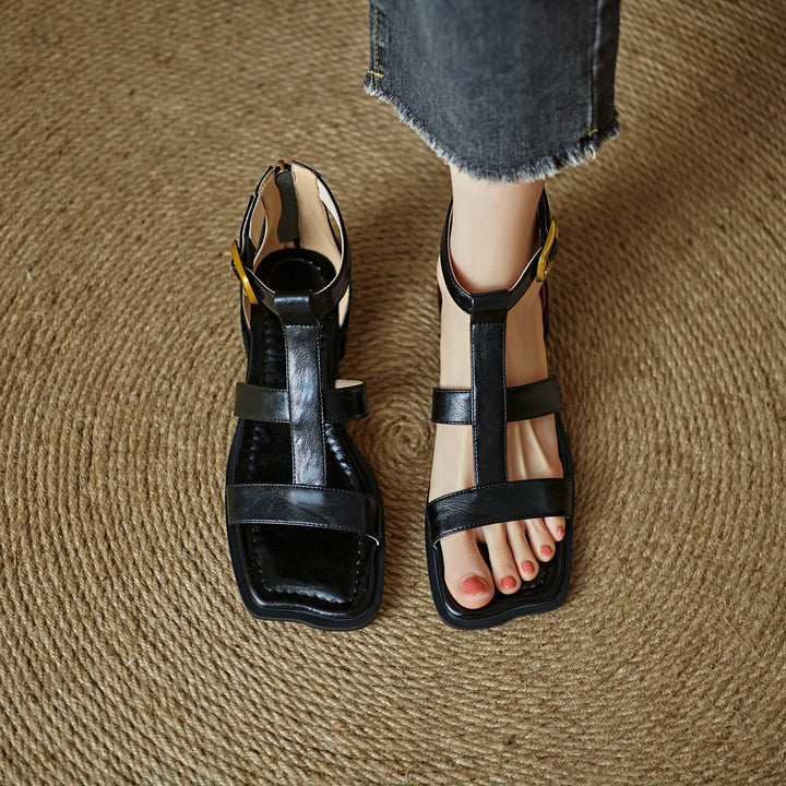 Women's Leather Summer Open Toe Wide Strap Back Zipper Ankle Buckle Sandals