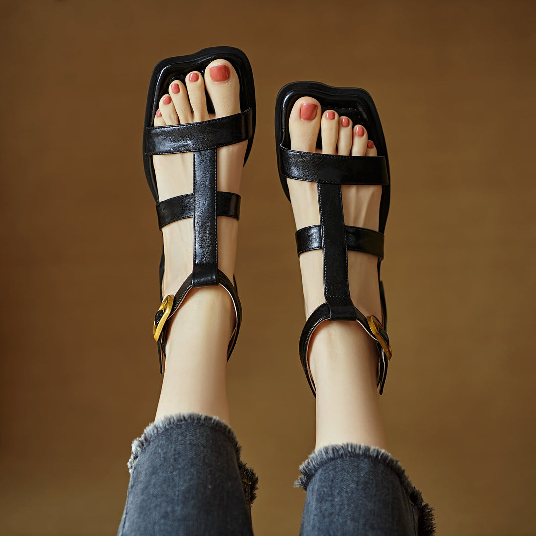 Women's Leather Summer Open Toe Wide Strap Back Zipper Ankle Buckle Sandals