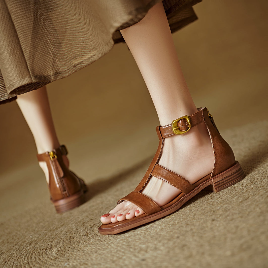 Women's Leather Summer Open Toe Wide Strap Back Zipper Ankle Buckle Sandals