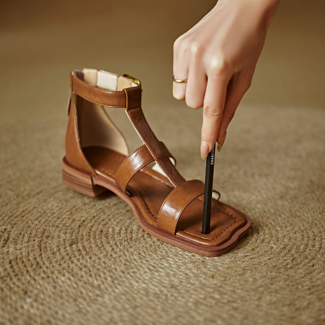 Women's Leather Summer Open Toe Wide Strap Back Zipper Ankle Buckle Sandals