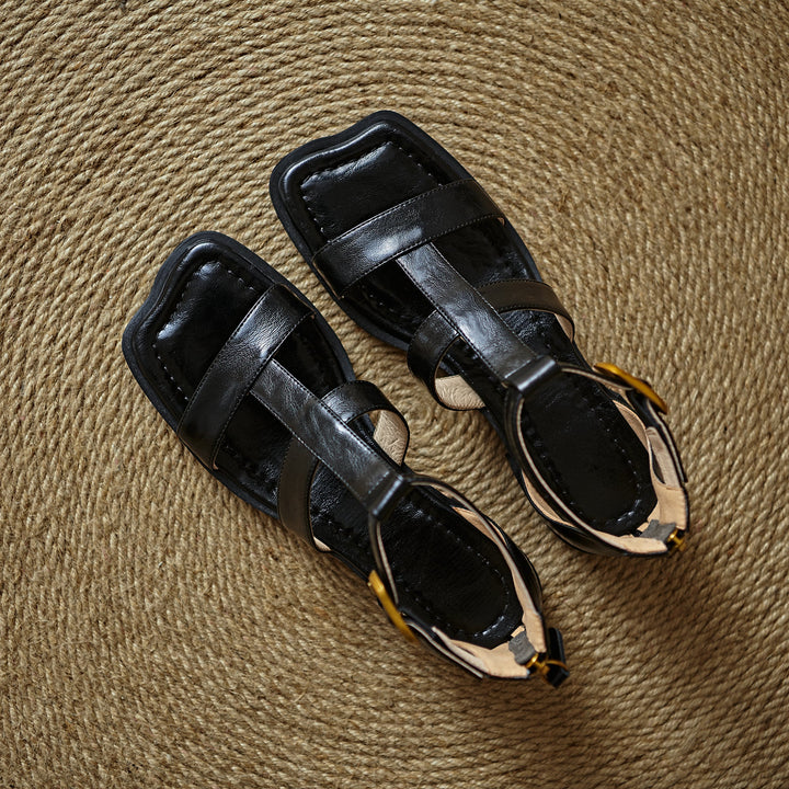 Women's Leather Summer Open Toe Wide Strap Back Zipper Ankle Buckle Sandals