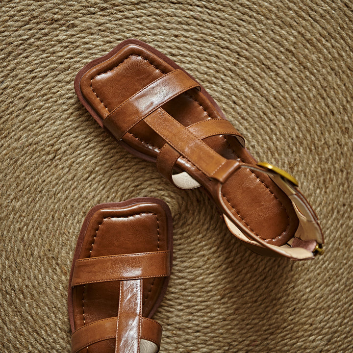 Women's Leather Summer Open Toe Wide Strap Back Zipper Ankle Buckle Sandals