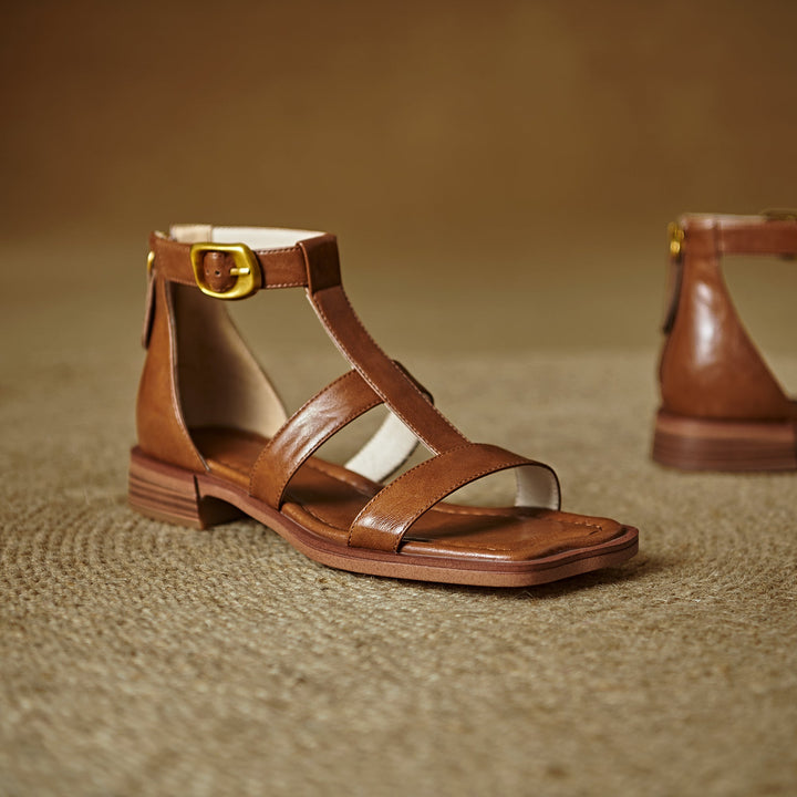 Women's Leather Summer Open Toe Wide Strap Back Zipper Ankle Buckle Sandals