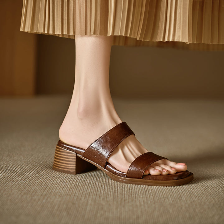 Women's Leather Summer Simple Mid Heeled Sandals Mule