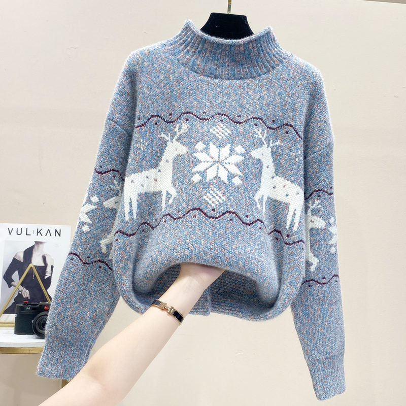 Womens Christmas Cute Deer & Snowflake Half Turtleneck Sweater