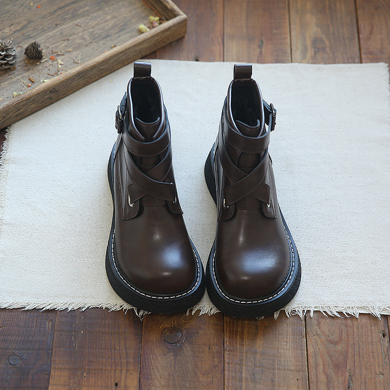 Women's Leather Boots Wide Toe Box Retro Cross-strap Platform Shoes