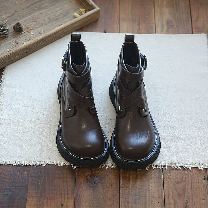 Women's Leather Boots Wide Toe Box Retro Cross-strap Platform Shoes
