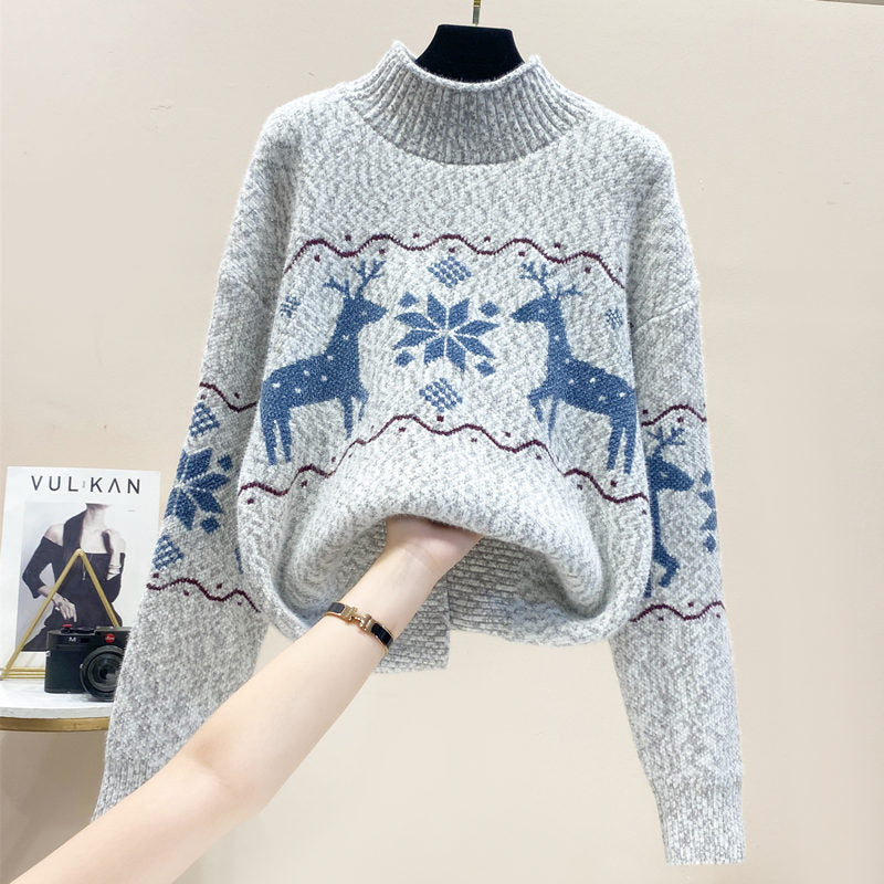 Womens Christmas Cute Deer & Snowflake Half Turtleneck Sweater