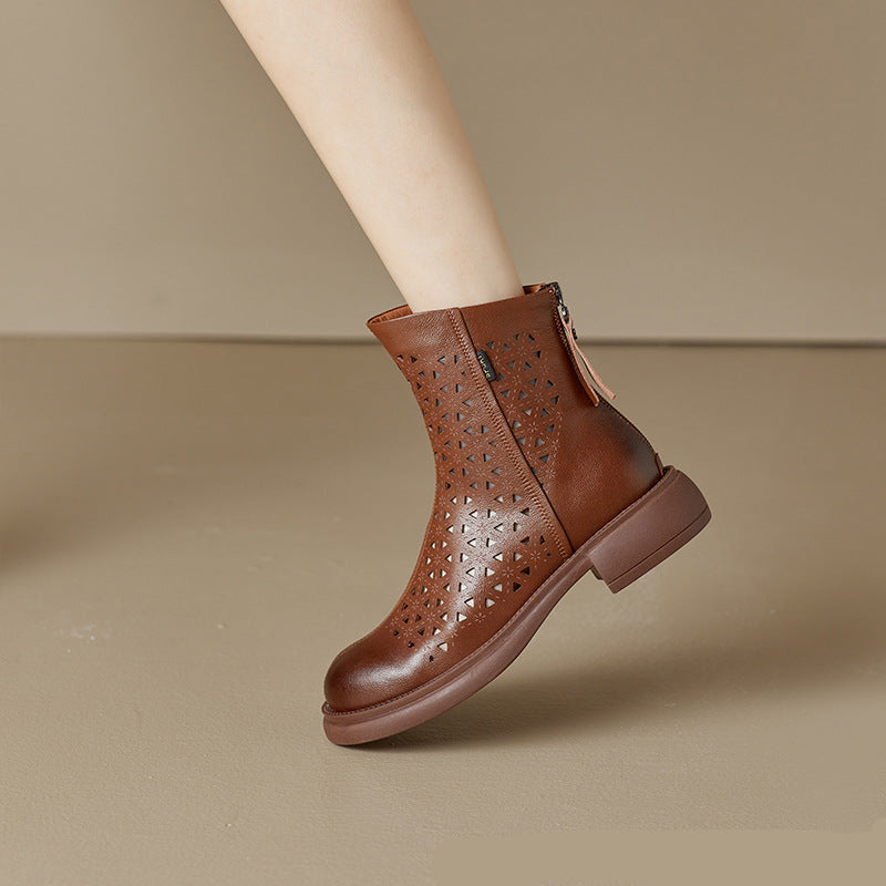 Women‘s Retro Ankle Summer Sandals Boots Vintage Round Toe Cutout Perforated Chunky Heels