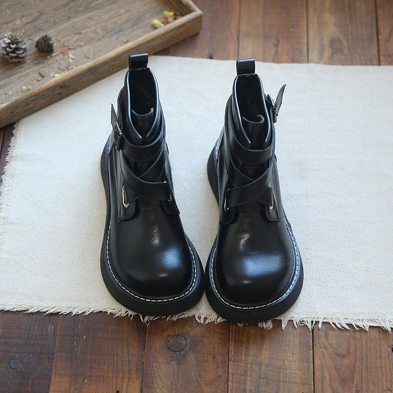 Women's Leather Boots Wide Toe Box Retro Cross-strap Platform Shoes