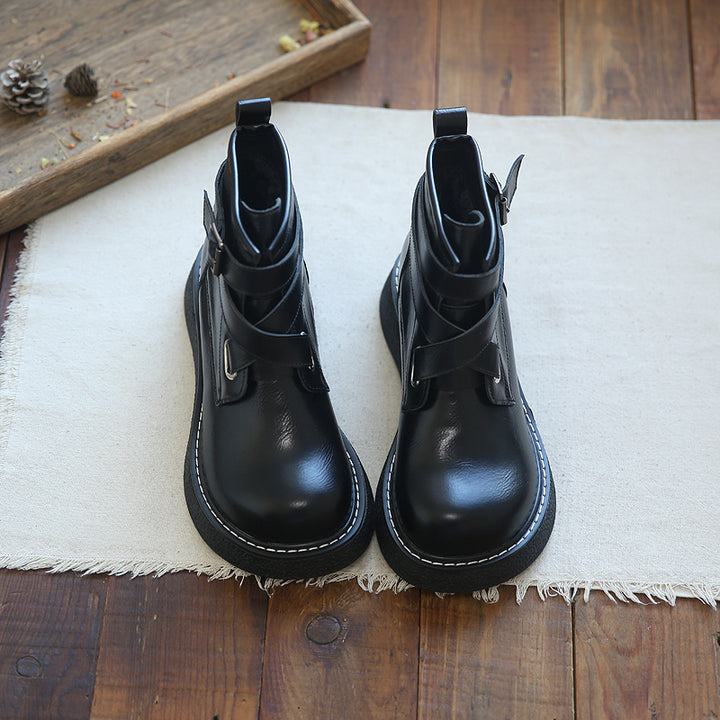 Women's Leather Boots Wide Toe Box Retro Cross-strap Platform Shoes