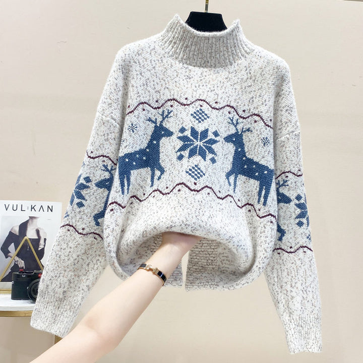 Womens Christmas Cute Deer & Snowflake Half Turtleneck Sweater