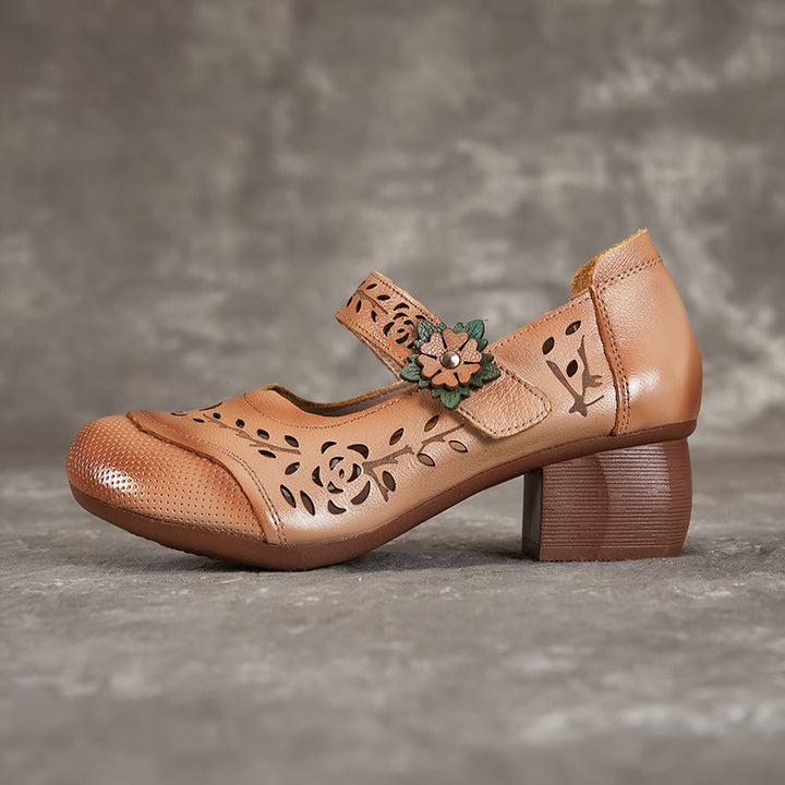 Women's Shoes Retro Summer Leather Sandals Hollowed Out Chunky Heeled