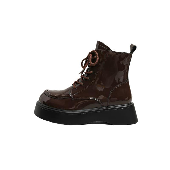 Women's Square Toe Lace-Up Thick Sole Patent Leather Combat Boots