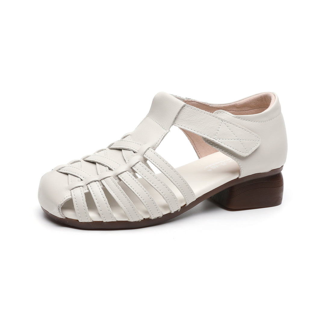 Women's Leather Fisherman Sandals - Vintage Interlocking Woven Closed Round Toe with Velcro