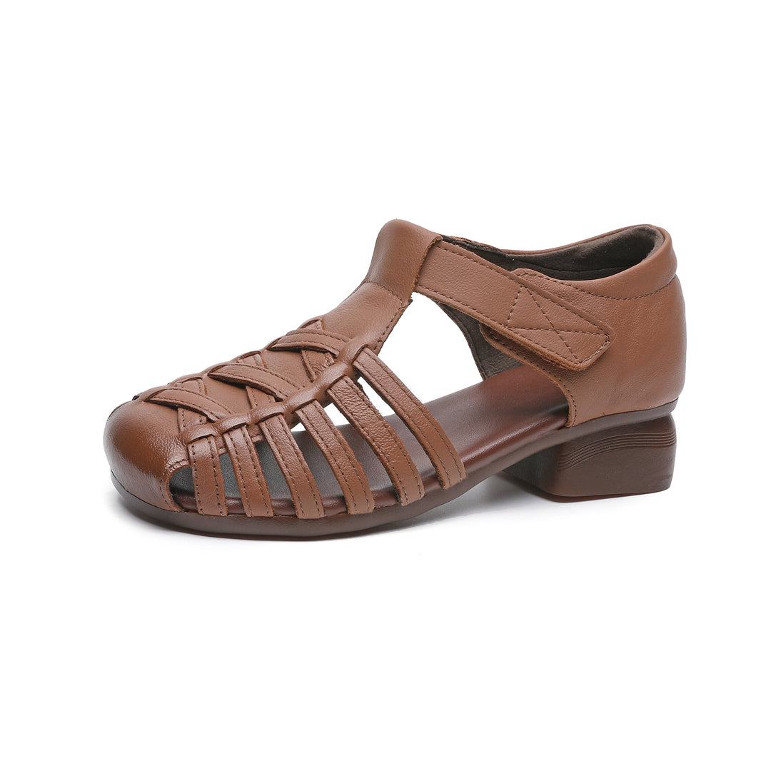 Women's Leather Fisherman Sandals - Vintage Interlocking Woven Closed Round Toe with Velcro