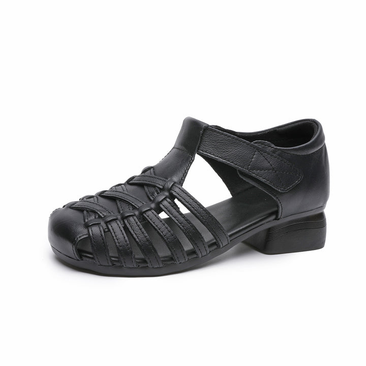 Women's Leather Fisherman Sandals - Vintage Interlocking Woven Closed Round Toe with Velcro
