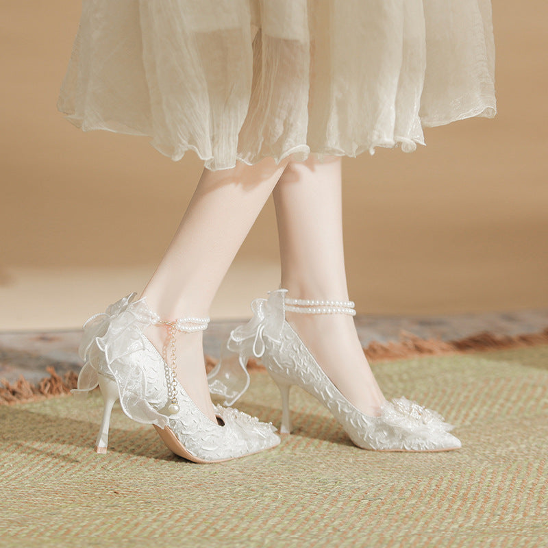 Lace Bow White High Heels Pearl Chain Wedding Party Women's Shoes