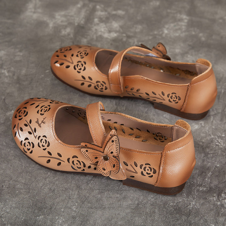 Women's Sandals Hollow Out Literary Style Butterfly Buckle With Flats
