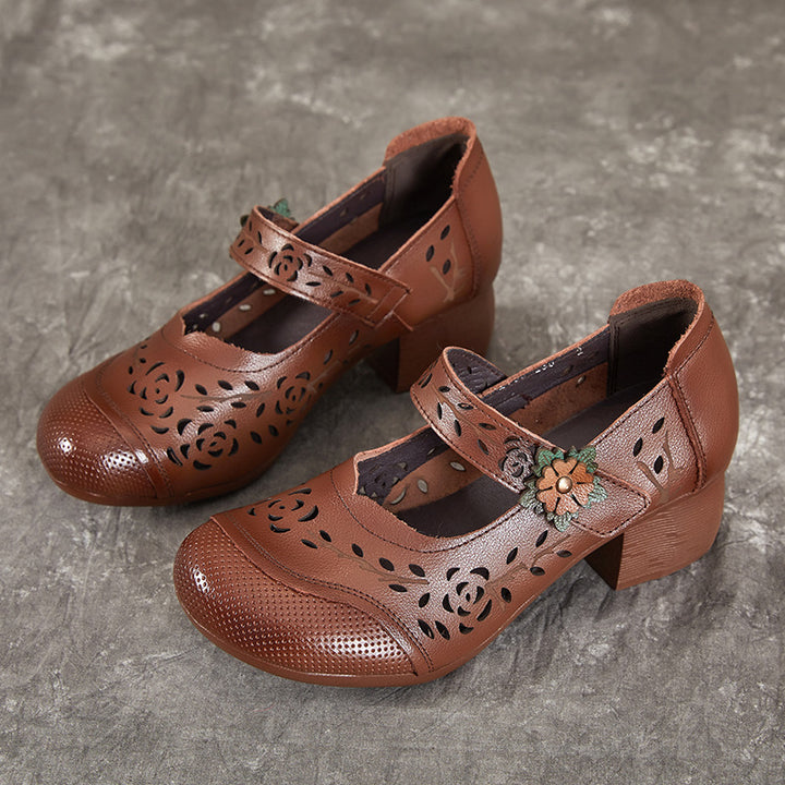 Women's Shoes Retro Summer Leather Sandals Hollowed Out Chunky Heeled