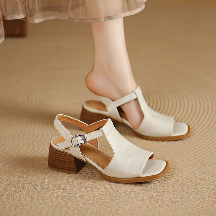 Women's Handmade Leather Black Heel Sandals Mid Heel Open Toe