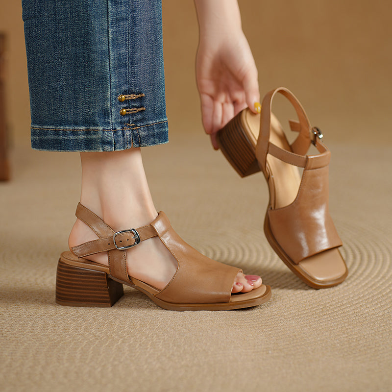 Women's Handmade Leather Black Heel Sandals Mid Heel Open Toe