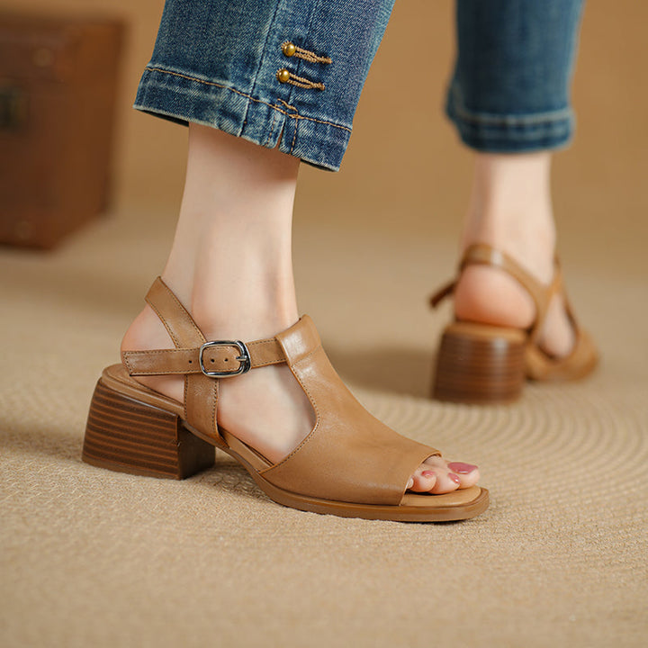 Women's Handmade Leather Black Heel Sandals Mid Heel Open Toe