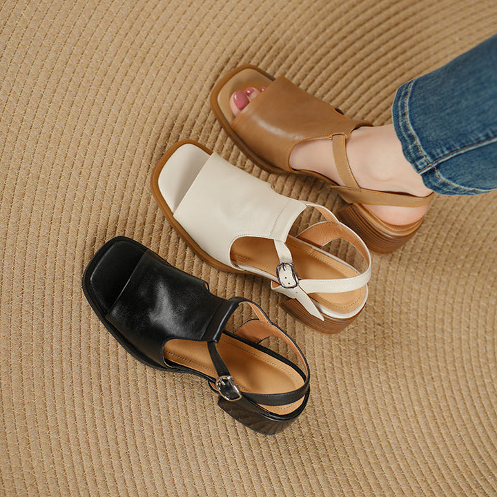 Women's Handmade Leather Black Heel Sandals Mid Heel Open Toe