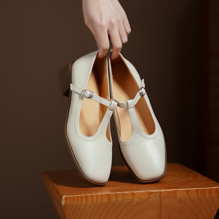 Womens Handmade Sheepskin Leather Square-Toe T-Strap Mary Jane Shoes