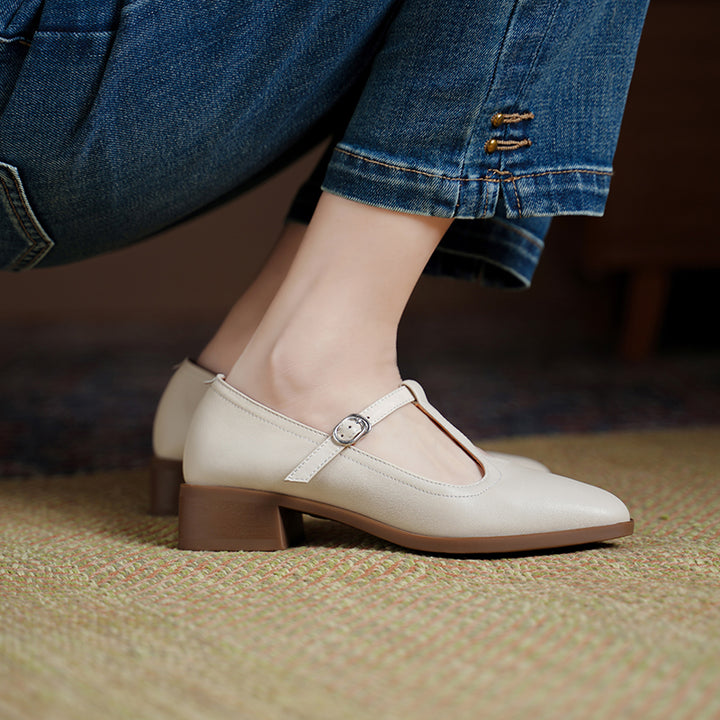 Womens Handmade Sheepskin Leather Square-Toe T-Strap Mary Jane Shoes