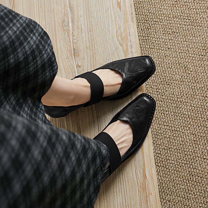 Women’s Sheepskin Square Toe Block Heel Shoes – Elastic Strap Mid Heel Pumps